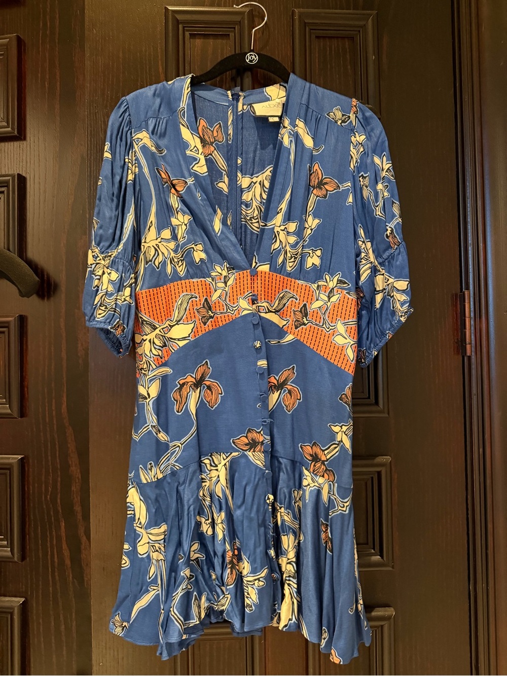Alexis Blue Floral V-Neck Short Dress with Orange Waist Accent